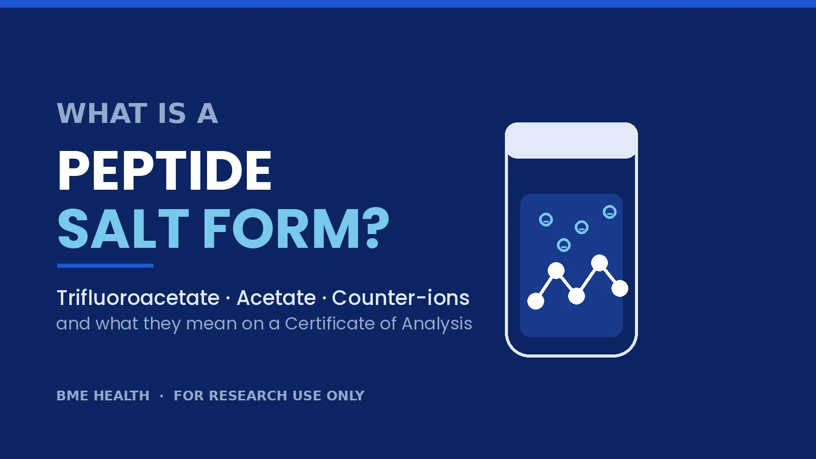 BME Health illustration titled What Is a Peptide Salt Form, showing a research-peptide vial beside a schematic peptide chain paired with counter-ions. Illustration only; for research use only.